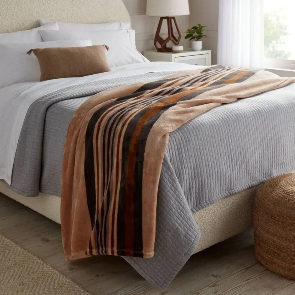 Open Box - Threshold - King Microplush Blanket Khaki Border Stripe - Thre Khaki